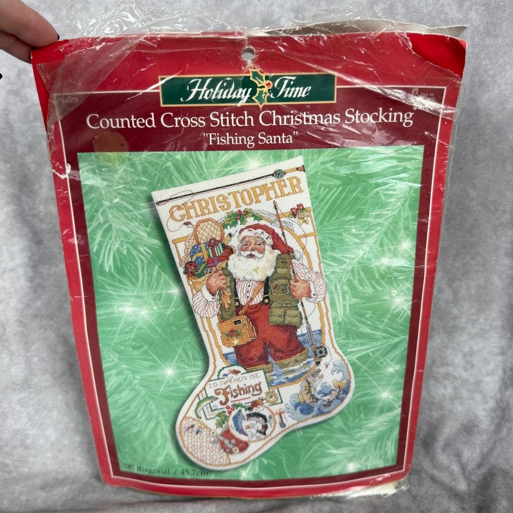 Bucilla Fishing Santa Counted Cross Stitch Christmas Stocking Kit 84355 18" NEW
